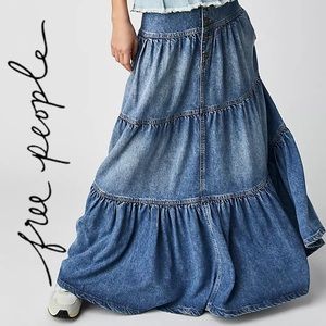 Free People Dreamweaver Maxi Skirt Denim Front Button Tiered Layered Skirt NWT